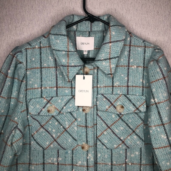 NWT Greylin Sammy Puff Sleeve Shacket Powder Blue Check Print Size L Wool Blend - Picture 2 of 16